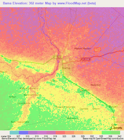 Bama,Nigeria Elevation Map