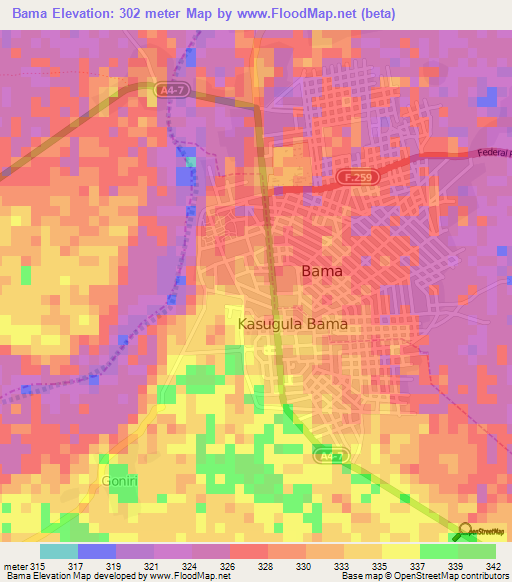 Bama,Nigeria Elevation Map