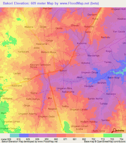 Bakori,Nigeria Elevation Map