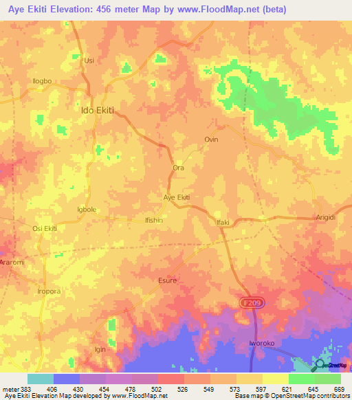 Aye Ekiti,Nigeria Elevation Map