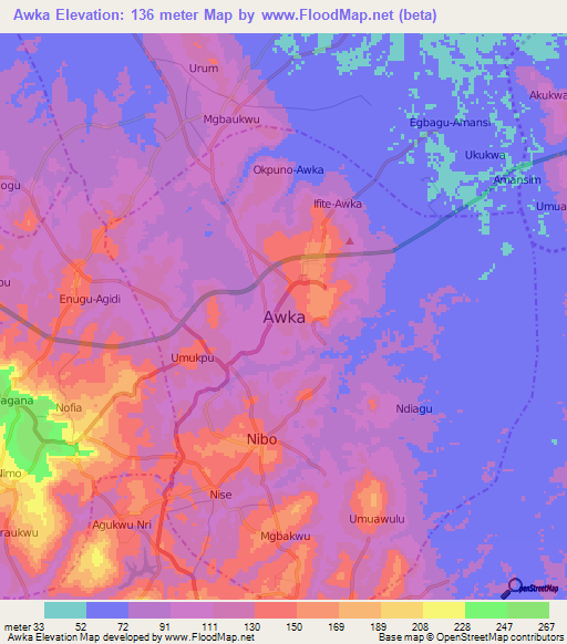 Awka,Nigeria Elevation Map