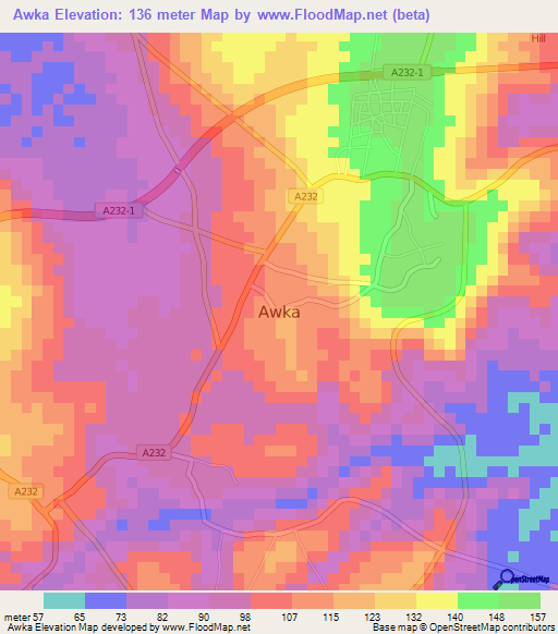 Awka,Nigeria Elevation Map