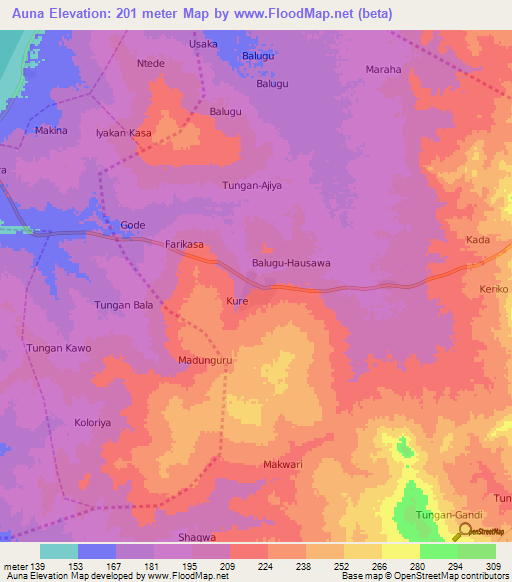 Auna,Nigeria Elevation Map