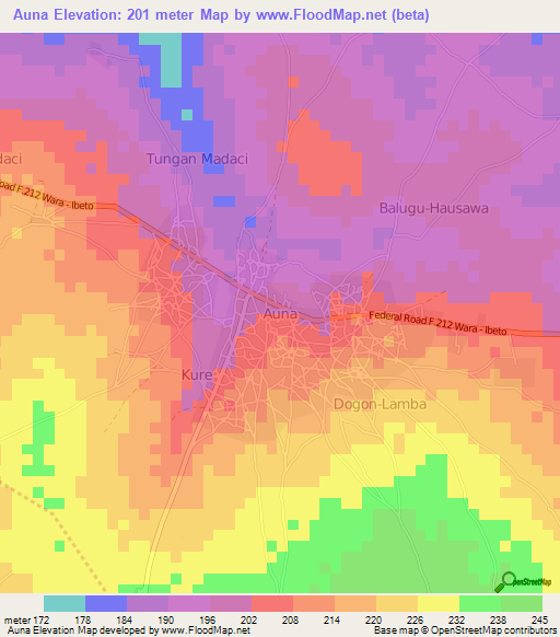 Auna,Nigeria Elevation Map