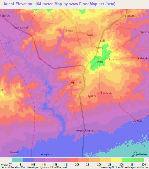 Auchi,Nigeria Elevation Map