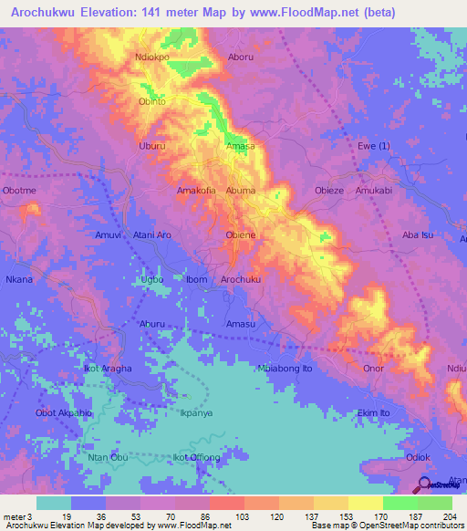 Arochukwu,Nigeria Elevation Map