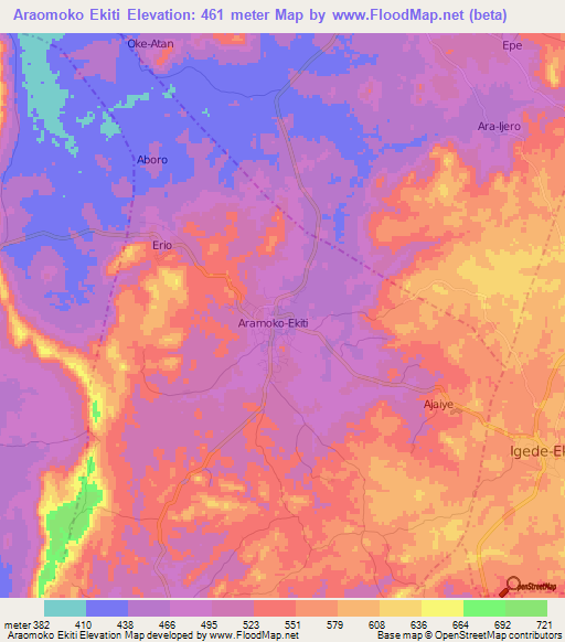 Araomoko Ekiti,Nigeria Elevation Map