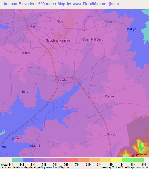 Anchau,Nigeria Elevation Map