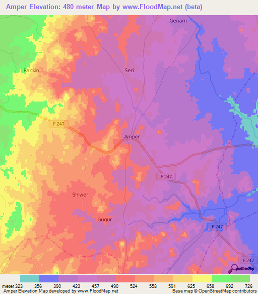 Amper,Nigeria Elevation Map