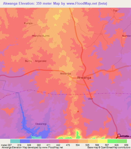 Akwanga,Nigeria Elevation Map