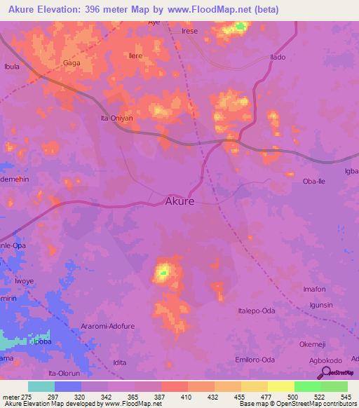 Akure,Nigeria Elevation Map