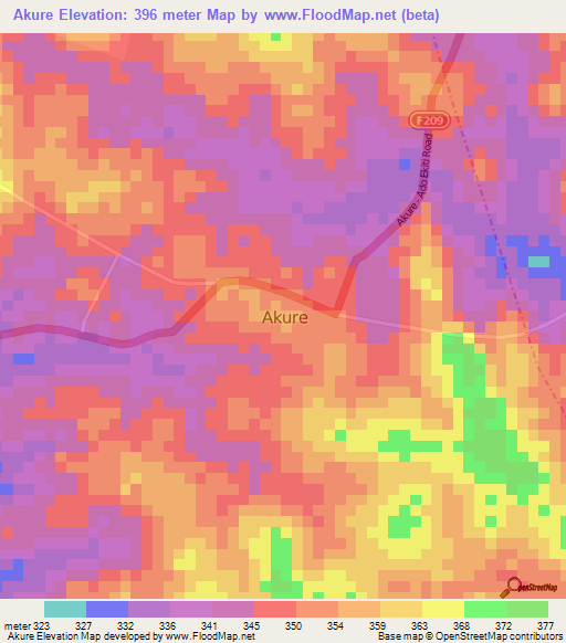 Akure,Nigeria Elevation Map