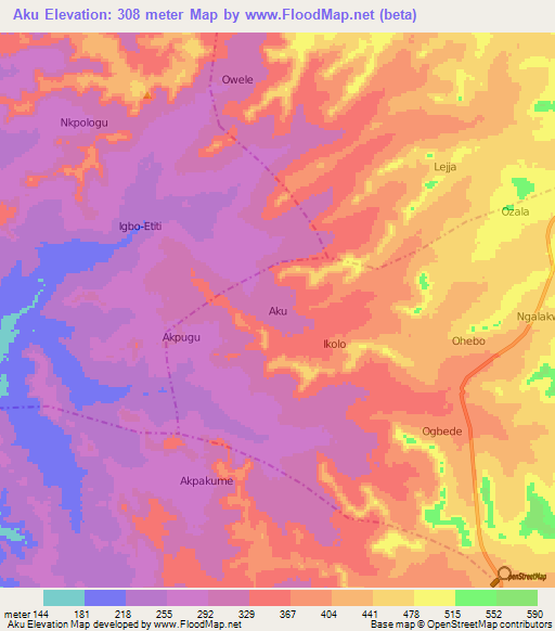 Aku,Nigeria Elevation Map