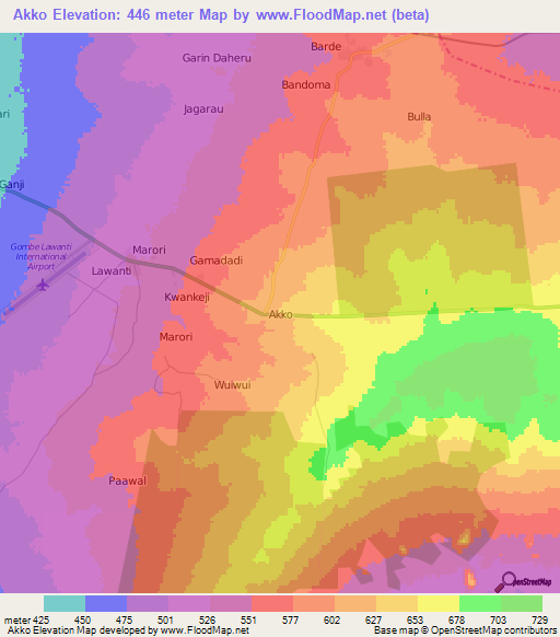 Akko,Nigeria Elevation Map