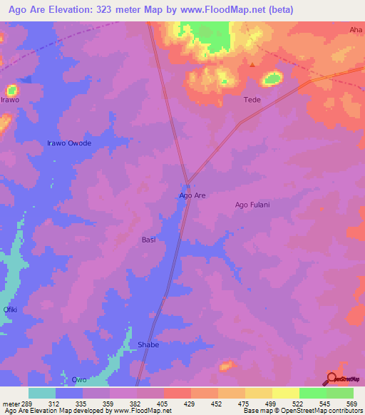 Ago Are,Nigeria Elevation Map