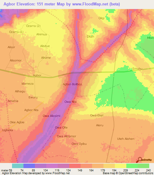 Agbor,Nigeria Elevation Map