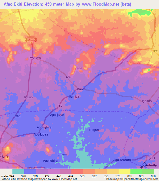 Afao-Ekiti,Nigeria Elevation Map