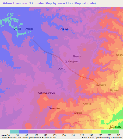 Adoru,Nigeria Elevation Map