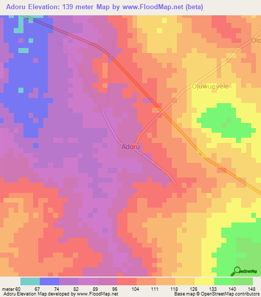 Adoru,Nigeria Elevation Map