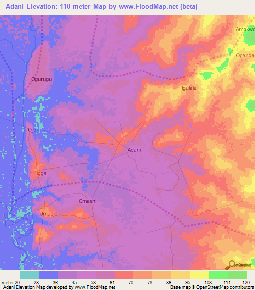 Adani,Nigeria Elevation Map