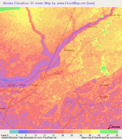 Abraka,Nigeria Elevation Map