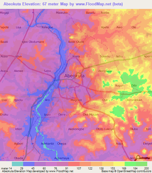 Abeokuta,Nigeria Elevation Map