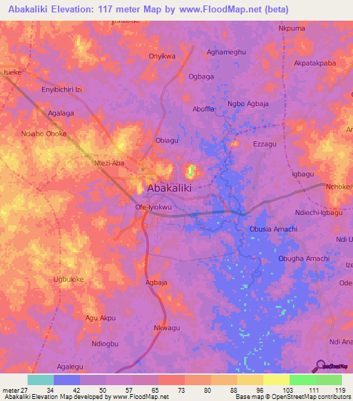 Abakaliki,Nigeria Elevation Map