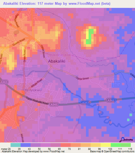 Abakaliki,Nigeria Elevation Map