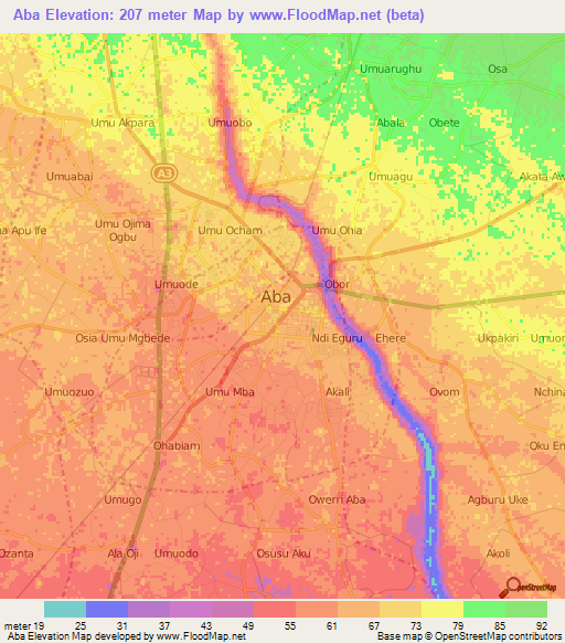 Aba,Nigeria Elevation Map