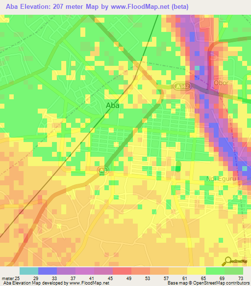 Aba,Nigeria Elevation Map