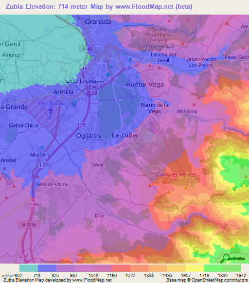 Zubia,Spain Elevation Map