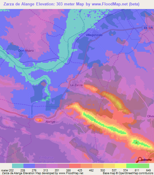 Zarza de Alange,Spain Elevation Map