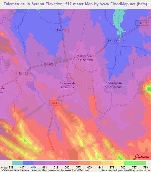 Zalamea de la Serena,Spain Elevation Map