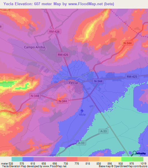 Yecla,Spain Elevation Map