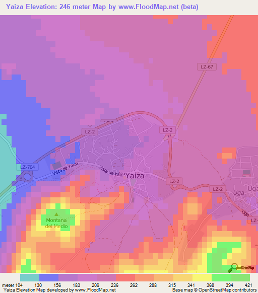 Yaiza,Spain Elevation Map