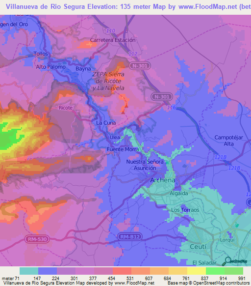 Villanueva de Rio Segura,Spain Elevation Map