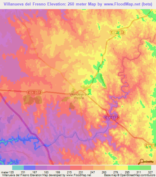 Villanueva del Fresno,Spain Elevation Map