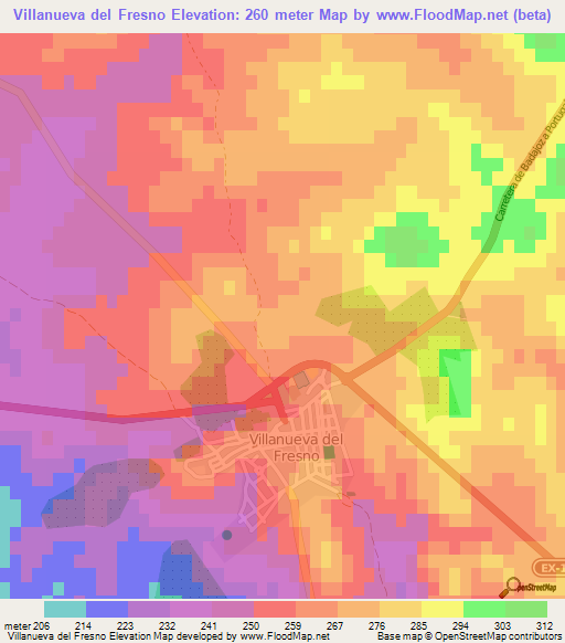 Villanueva del Fresno,Spain Elevation Map