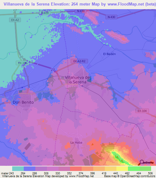 Villanueva de la Serena,Spain Elevation Map