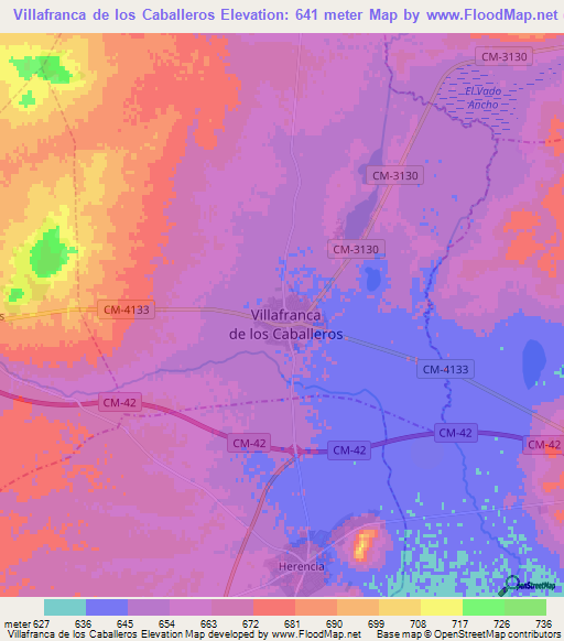 Villafranca de los Caballeros,Spain Elevation Map