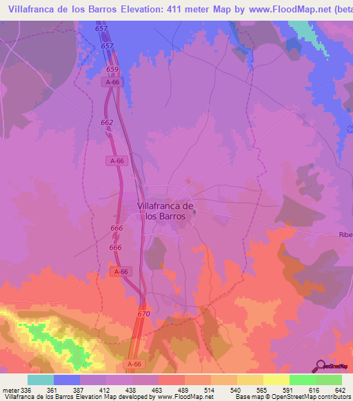 Villafranca de los Barros,Spain Elevation Map