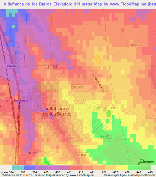 Villafranca de los Barros,Spain Elevation Map