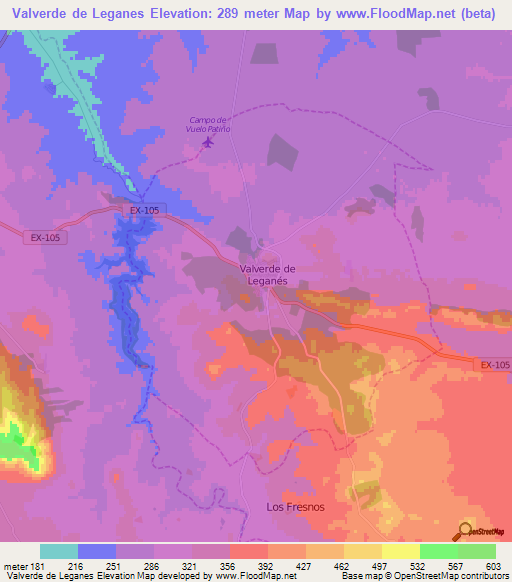 Valverde de Leganes,Spain Elevation Map