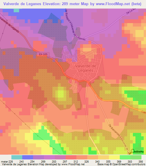 Valverde de Leganes,Spain Elevation Map