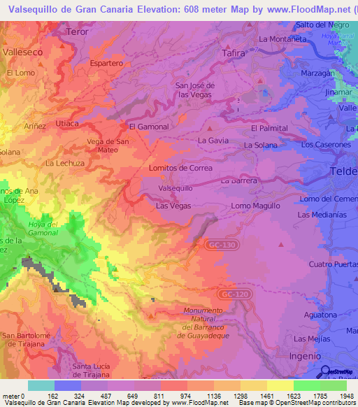 Valsequillo de Gran Canaria,Spain Elevation Map