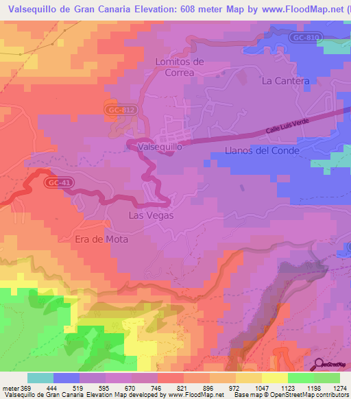 Valsequillo de Gran Canaria,Spain Elevation Map