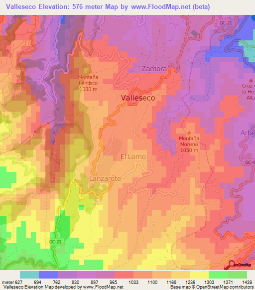 Valleseco,Spain Elevation Map