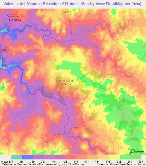 Valencia del Ventoso,Spain Elevation Map