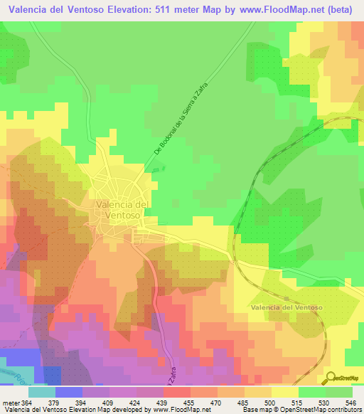 Valencia del Ventoso,Spain Elevation Map