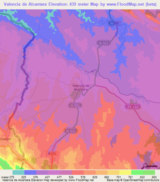 Valencia de Alcantara,Spain Elevation Map